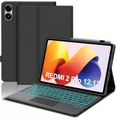 JADEMALL Premium Tastatur Hülle für Xiaomi Redmi Pad 2 Pro 12,1 & Poco Pad M1 12,1 (2025/2024), mit 7-Farben LED und Touchpad, Bluetooth 5.0 QWERTZ Deutsch, Abnehmbare Tastatur, Schwarz