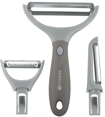 Viners 3-in-1 Switchable Peeler | Stainless Steel Multi-Function Peeler with Straight, Julienne & Wide Blades | Compact Space-Saving Kitchen Gadget | Grey & Silver | Easy Fruit & Veg Prep