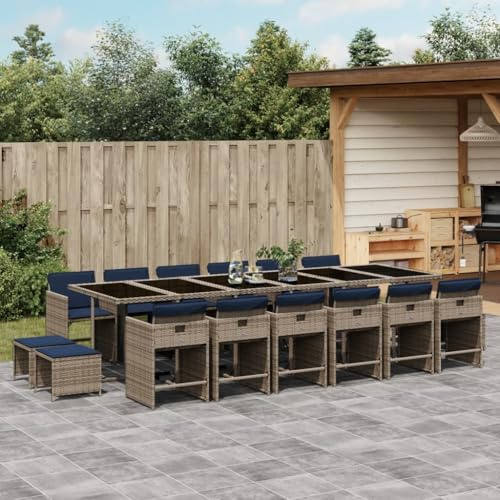 Mandloder 17-teiliges Garten-ESS-Set, Grau Polyrattan, mit Kissen, UV-beständig, 12 Stühle, 4 Hocker, für Terrasse, Balkon, Essbereich