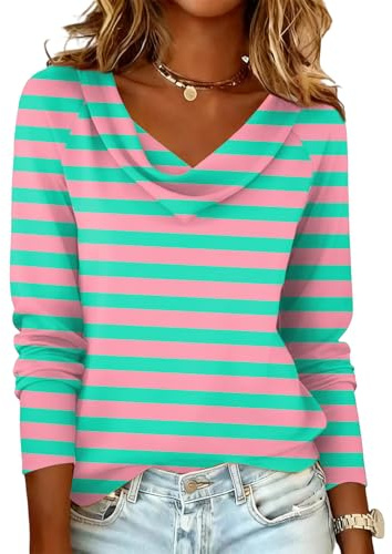 Blusentop Damen Frühlingse Surfen Modischeen T Shirt Longsleeve Oversized Weites Lauschig Striped V Ausschnitt