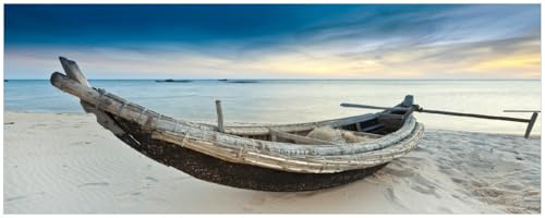 Wallario Küchenrückwand selbstklebend 115 x 50 cm, Motiv: Fischerboot am Strand mit Sonnenuntergang | Spritzschutz abwischbar & pflegeleicht