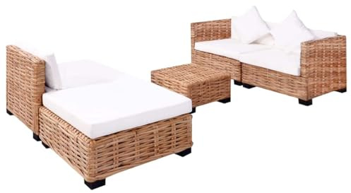 YUTAASU Rattan Couchgarnitur 14-teilig mit natürlichem Rattanrahmen, Mahagoniholzbeinen, 2 Sofa-Eckelementen, 1 Mittelstück, 1 Hocker, Couchtisch, 3 Sitzpolstern, 3 Rückenpolstern,