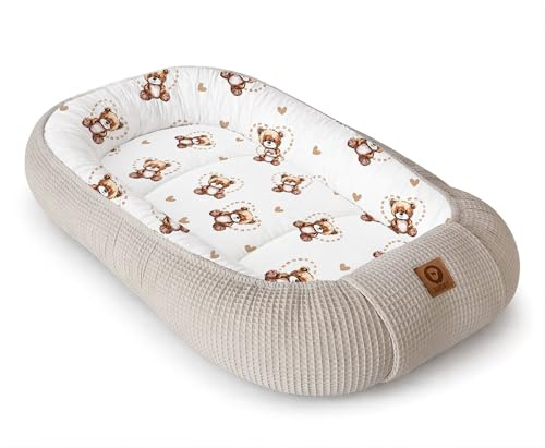 Babynestchen Neugeborene – Nestchen Baby aus Waffel Baumwolle & Baumwollstoff – Babynest für Babybett & Kinderbett – Baby Kokon Tragbar – OEKO-TEX zertifiziert – Zubehör für Babybett – Bärchen + Sand