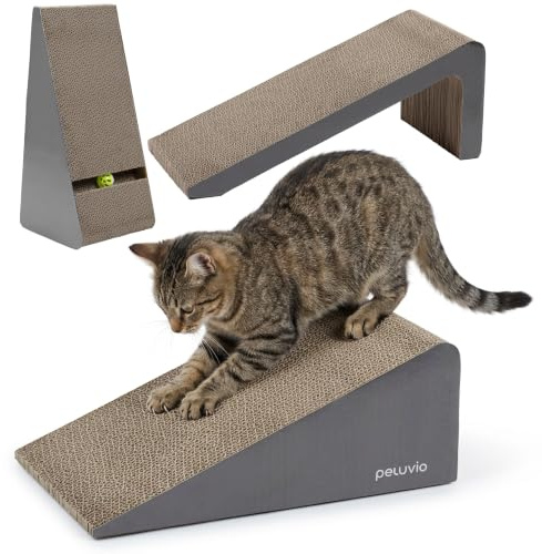 Peluvio Trilo Kratzpappe aus Wellpappe 50x24x23 cm, Karton Modular 3 | Teile, Keilfoermig, zum Kratzen und Ruhen, Tunnel mit Ballspielzeug, Faltbar, Platzsparend