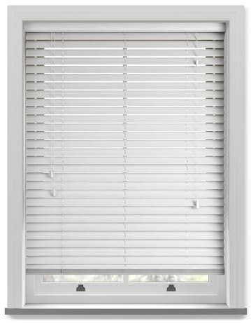 Made to Measure Fine Wood Venetian Blind with Strings - Ultra White | Custom Made 50mm Fine Grain Faux Wood Venetian Blind with Strings. Up to 120cm width x up to 130cm drop. Moisture Resistant.
