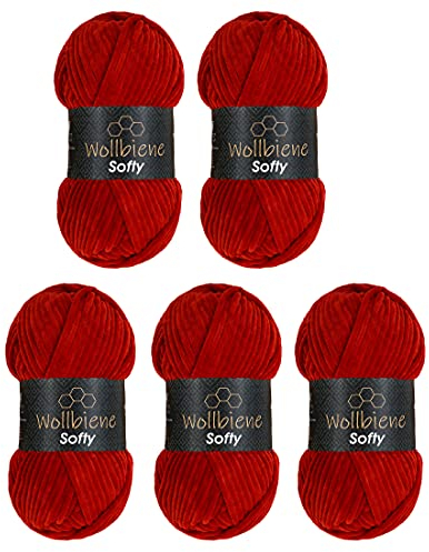 Wollbiene Softy 5 x 100 Gramm chenille wolle zum häkeln Strickwolle, Babywolle, 500 Gramm Chenille Wolle Super Bulky crochet yarn (dunkelrot 89)