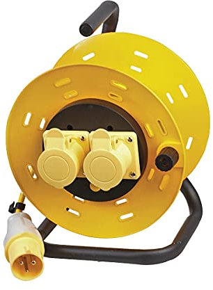 Ex-Pro 2 Gang Open Reel Drum with 50m Extension Cable, 110V 16A, 3 Pin EN60309 Plug Socket for Industrial Work Construction Building Site, Yellow