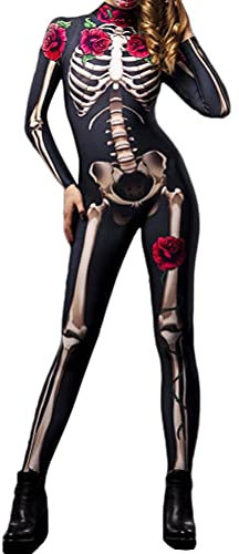Onsoyours Combinaison Noire pour Adulte Motif Squelette Imprimé Roses Costume d'halloween Costume d'os Doux Costume Cosplay Combinaison pour Les Femmes Fille A Noir S