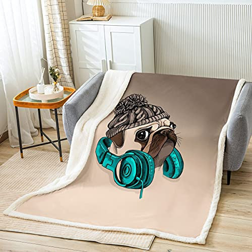 Homemissing Hund bedrucktes Wohndecke Kinder Karikatur Hip Hop Mops Welpen Decke 130x150cm Jungen Mädchen Hippie Hund Haustier Dekor Kuscheldecke Mikrofaser Schlafzimmer Flanell Fleecedecke