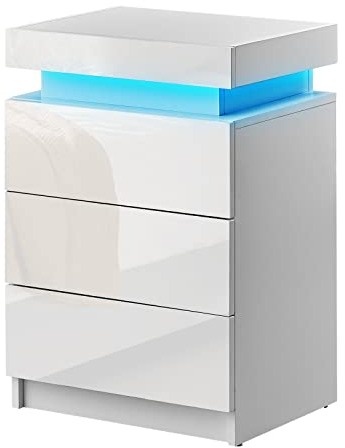 CLIPOP Moderner Nachttisch Hochglanzfront Kommode mit 3 Schubladen mit LED-Lichtern, 3 Schubladen Schrank Nachttisch für Wohnzimmer Schlafzimmer Möbel (3 Schubladen, Weiß)