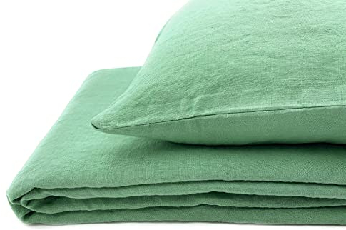 JOWOLLINA Natur Leinen Bettwäsche-Set Soft Washed Finish 180 g/m2 (Basil, 155x220 cm, 80x80 cm)