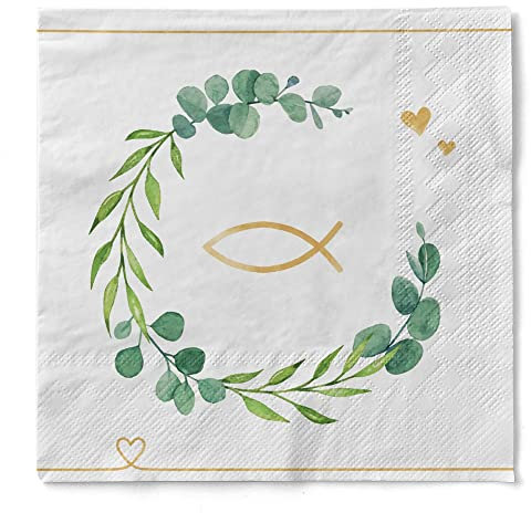Sovie HOME Serviette Eukalyptus/Fisch aus Tissue, 33 x 33 cm, 3-lagig, 20 Stück – stilvolle Motivserviette mit Eukalyptuskranz & goldenem Fisch – ideal für Kommunion, Taufe, Feste