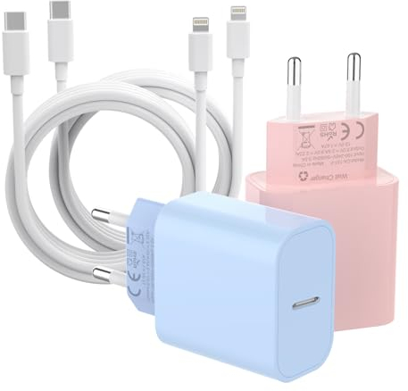 ZNBTCY 2er-Pack Schnellladegerät (Hellblau+Hellrosa) mit 2er-Pack 2M iPhone Ladekabel (Weiß) 20W USB C Netzstecker,schnellladekabel, iPhone Ladeadapter für iPhone 14 Pro Max 13 12 11 XS XR X 8P iPad
