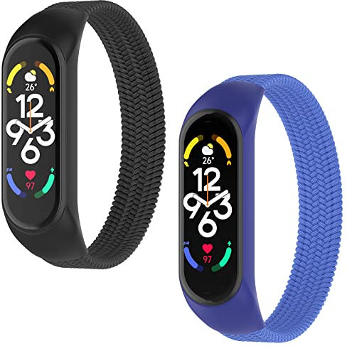 WD&CD 2 Stück Armband kompatibel mit Xiaomi Mi Band 7/6 / 5/4 / 3 (Schwarz+ Blau), Armbänder Nylon Elastizität Uhrenarmband Sport Ersatzarmband, M