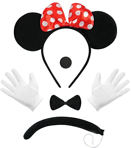 ACWOO Mausohren Schleife Stirnbänder, Haarreifen mit Maus Ohren und Schleife, Maus Ohren Haarreifen, Maus Schleife Polka Dot Rot, Party Dekoration Cosplay Kostüm für Mädchen & Frauen