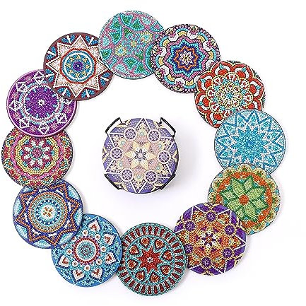12 pièces/ensemble de sous-verres de peinture diamant strass broderie dessous de verre coussin de tasse avec support de table napperon tasse tapis de tasse (couleur : 12 pièces)