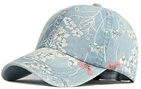 Basecap Herren Floral Denim Baseball Cap Hut Frauen Mode Blume Trucker Caps Denim Jeans Frauen Tragen Kappe Frauen Coole Hut Kappen Für Frauen, Hellblau, 56-60 cm