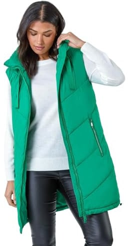 Roman Originals Quilted Gilet with Hood for Women UK Ladies Sleeveless Coat Hooded Jacket Padded Bodywarmer Winter Lightweight Warm Autumn Funnel Neck Longline Soft Bubbly - Green - Size 10