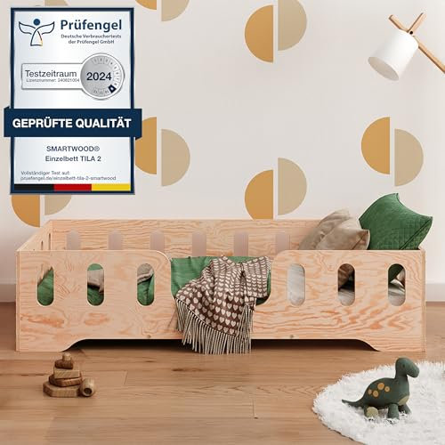 smartwood Bodenbett 90x200 Montessori Kinderbett aus Holz mit FSC-Zertifikat TILA 2 mit Rausfallschutz & Lattenrost bis 230kg belastbar - Einfache Montage