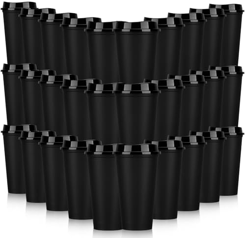 Domensi 30 Pack Reusable Coffee Cups with Lids Reusable Hot Cups Bulk 16 oz Plastic Tumblers Cup with Lids for Hot Drink Travel Coffee Mug with Lid to Go Coffee Cups (Black)