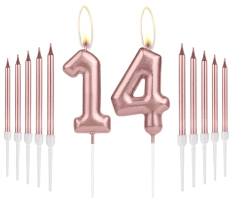 Girls 14th Birthday Candles Decorations, Number 14 Candle with Rose Gold Long Candles, Birthday Candles for Cake, Cake Candle Cake Topper for Women Birthday Party 14th Wedding Anniversary Celebrations