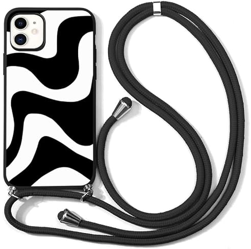 Xylota Handykette Handyhülle für iPhone 12/iPhone 12 Pro 6,1 Hülle mit Band, Simple Wave Case mit Zebra Stripes Muster Wellen, Weich TPU Silikon Stoßfest Schutzhülle Cover zum Umhängen Kordel,Schwarz