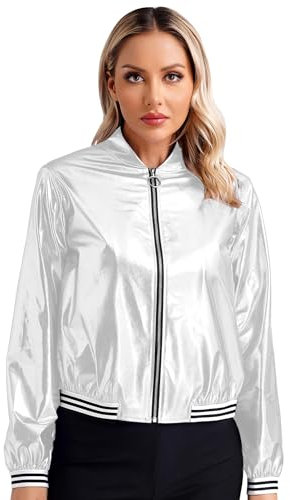 FEESHOW Damen Metallic Jacke Langarm Holographic Baseball Jacke Mit Reißverschluss Glänzende Party Festival Oberteil Silber_A XL