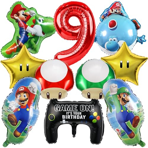 MLPNFLOS 10 Stück Super Mari Luftballons Geburtstag Set 9 Jahre Junge, Mari Geburtstagsdeko Folienballon, Kindergeburtstag Set, Geburtstag Party Deko Ballons Set für Kinder (9)