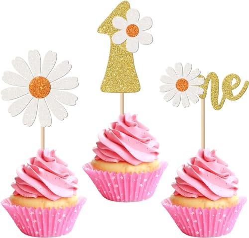 24 Stück 1st Geburtstag Daisy Tortendeko Glitzer One Daisy Cupcake Toppers Frühling Gänseblümchen Chrysantheme Kuchen Deko für Erster Geburtstag Party Dekoration