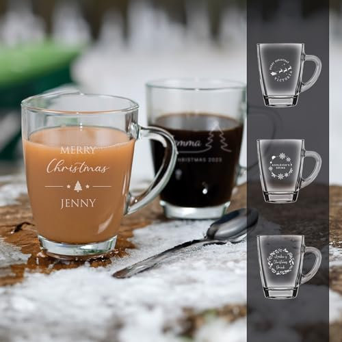 Personalised Christmas Glass Coffee Mug Engraved Hot Drink Tea Cup Your Own Message Bespoke Designs Personalized Glass Xmas (Style X3)