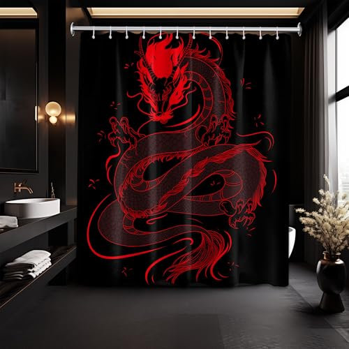 QGHOT Rideau de douche motif dragon, rideaux de douche japonais noir et rouge pour garçons, décoration de salle de bain cool, médiéval asiatique, viking pour homme, tissu imperméable, 177,8 x 182,9 cm