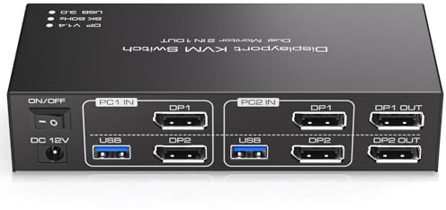 TJCXELE 8K60Hz/4K120Hz Displayport KVM Switch 2 PC 2 Monitore USB 3.0 DP 1.4 KVM Switch für Zwei Computer Teilen Sie Dual Monitor und 4 USB-Geräte Unterstützt erweiterten Modus und Kopiermodus
