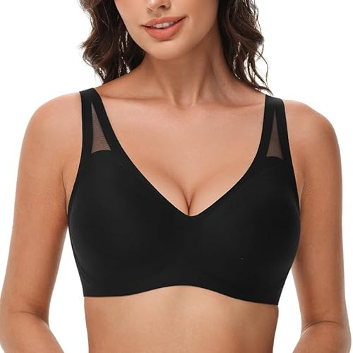 Wingslove Seamless BH Damen Ohne Bügel Große Brüste Starker Halt Minimizer Anti Sag Bustier Mädchen Push Up BH Kleine Brüste T Shirt V Ausschnitt Bralette Soft Bequemer Unterwäsche (Schwarz, L)