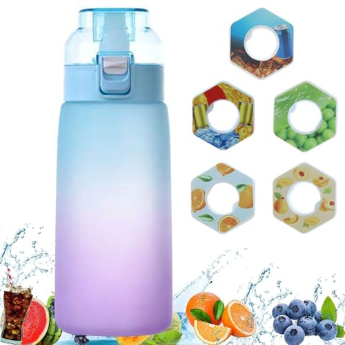 Generisch Luftwasserflasche mit 5 Aromakapseln, 600ml Duftwasserflasche, Wasserflasche mit Fruchtduft Duftwasserbecher Sportwasserbecher, geeignet für Outdoor Sportarten (Blau)