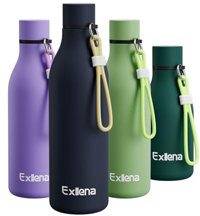 Exllena Metal Water Bottle 750ml with Silicone Strap, Double Wall Vacuum Insulated Water Bottles Keeps Drinks Cold 24 Hrs/Hot 12 Hrs, Stainless Steel Water Bottle BPA Free(Navy Blue)