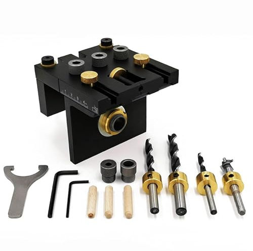 Hyuceng Bohrschablone Auf Holz Zentriert 6/8/10/15mm Doweling Jig Kit 3 in 1 Praktische Dübelhilfe Schablonen Set Exakt Dübellöcher, Taschenloch Jig Kit mit Positionierungsclip Bohrer Perforator