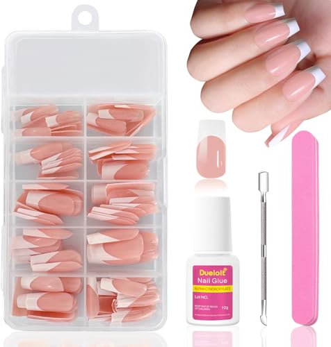 120 Pièces French Faux Ongles Carré, Moyen Ballerine Press on Nails Bordure Blanc Français Ongles à Coller avec Colle, Couverture Complète Acrylique Capsules Ongles pour Femmes DIY Manucure Salon