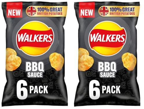 Walkers BBQ Sauce Multipack Crisps (6 x 25g) X 2 Pack, BBQ Sauce Flavour Potato Crisps, Fresh taste guaranteed, No added MSG or artificial colours, Suitable for vegetarians