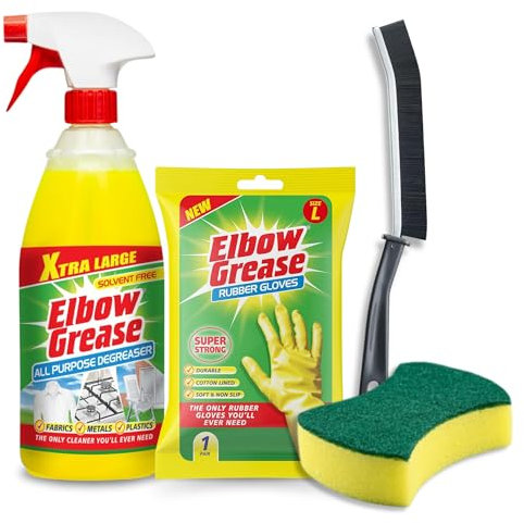 Elbow Grease All Purpose Degreaser 1L, Elbow Grease Rubber Gloves, Cleaning Sponge & Crevice Brush Bundle - Heavy Duty Kitchen Degreaser Spray, Sugar Soap Spray & All-Purpose Cleaner