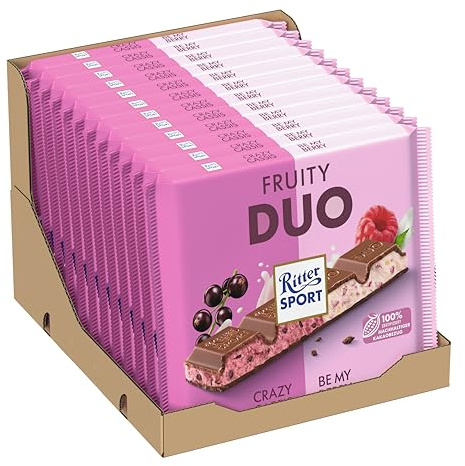 RITTER SPORT Fruity Duo Crazy Cassis + Be My Berry, 12 Pezzi x 218g | Doppio gusto, cioccolato al latte con fiocchi di riso, frutti rossi e crema di yogurt
