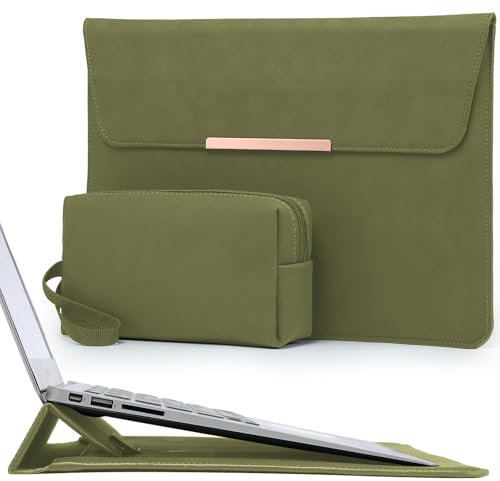 HYZUO 15-16 Inch Laptop Sleeve Case with Stand for MacBook Pro 16 M4/M3/M2/M1 2025-2019, MacBook Pro 15 2015-2012, XPS 15, Samsung Galaxy Book Flex/Pro 15, Olive Green(Smiley)