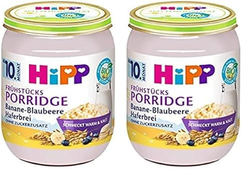 HiPP Bio Frühstücks-Porridge, Banane-Blaubeere Haferbrei, ohne Zuckerzusatz, 6 x 160g (Packung mit 2)