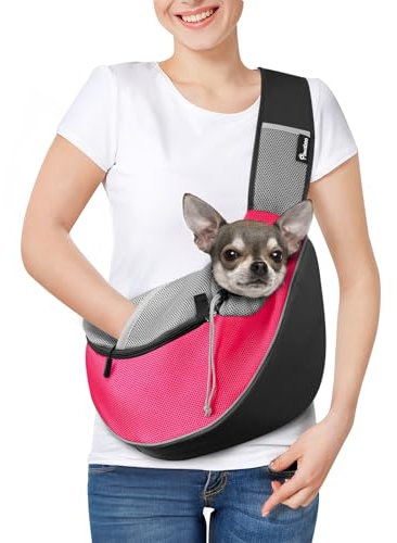 Pawaboo Trasportino per Cani, Borsa Crossbody per Cani con Tasca Tattile Regolabile e Cerniera, Zaino a Rete Traspirante a Mani Libere per Cuccioli per Viaggi, Rosa, Piccolo