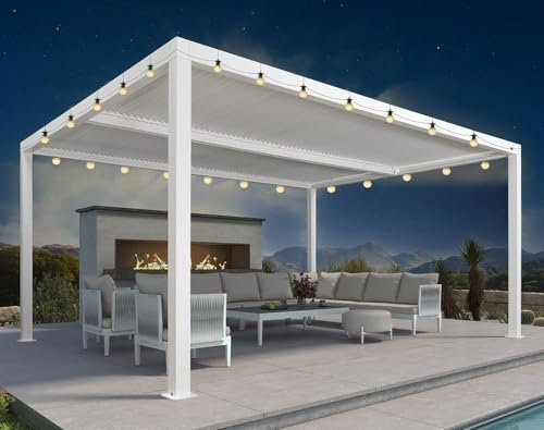 PURPLE LEAF Pergola Bioclimatique avec Guirlande Lumineuse Exterieure 4,8 x 3,68 m Pergola Aluminium Lames Orientables Superficie 17,66 m² Tonnelle de Jardin Pergola Jardin Extérieur, Blanc