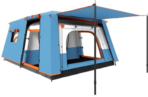 Outsunny Campingzelt für 4-6 Personen, 3-Jahreszeiten wasserdicht und Anti-UV-Tunnel Familienzelt mit 2 Räumen, Veranda und Transporttasche zum Angeln, blau