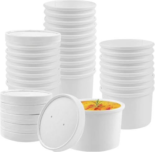 8oz (240ml) White Disposable Soup Containers with Paper Lids | Heavy-Duty Paper Cups for Hot & Cold Soups, Ice Cream & Takeaway Use | Leak-Resistant & Durable (50)