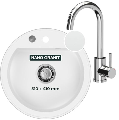 SINK QUALITY Spülbecken Rund mit armatur Ø 51 cm - Granitspüle Weiß mit Wasserhahn, Siphon mit Druckknopf und Imprägniermittel - Küchenspüle Rund aus Granit für Unterschränke ab 55 cm Breite