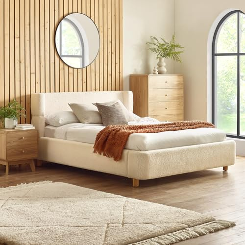 Julian Bowen Oberon Bed, Double, Bouclé, Cream - W154 x D212cm | Upholstered Bed Frame, 135cm/4ft6, No Box Spring Needed, Curved Padded Boucle Headboard, Cosy Feel, Natural Tones