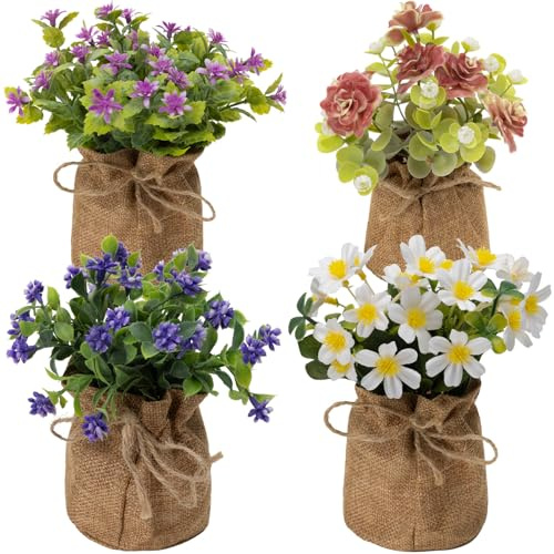 GUBOCA 4 Piezas de Pequeñas Plantas Artificiales Decorativas,Planta Artificial para Decoración de Interiores,Adecuadas para Dormitorio,Sala de Estar y Oficina (Rojo,Morado,Blanco)