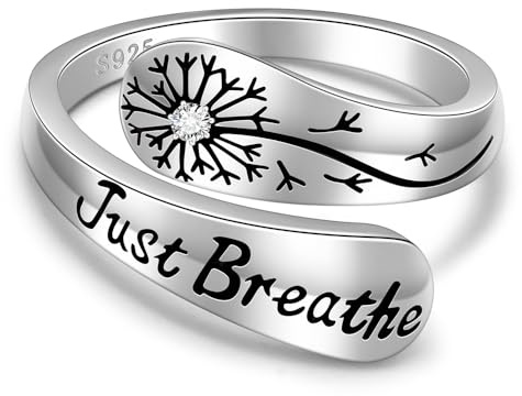 Just Breathe Rings for Women Hope Ring Adjustable Spoon Sterling Silver Dandelion Inspirational Encouragement Mothers Day Gifts, 6 UK, Sterling Silver, Cubic Zirconia